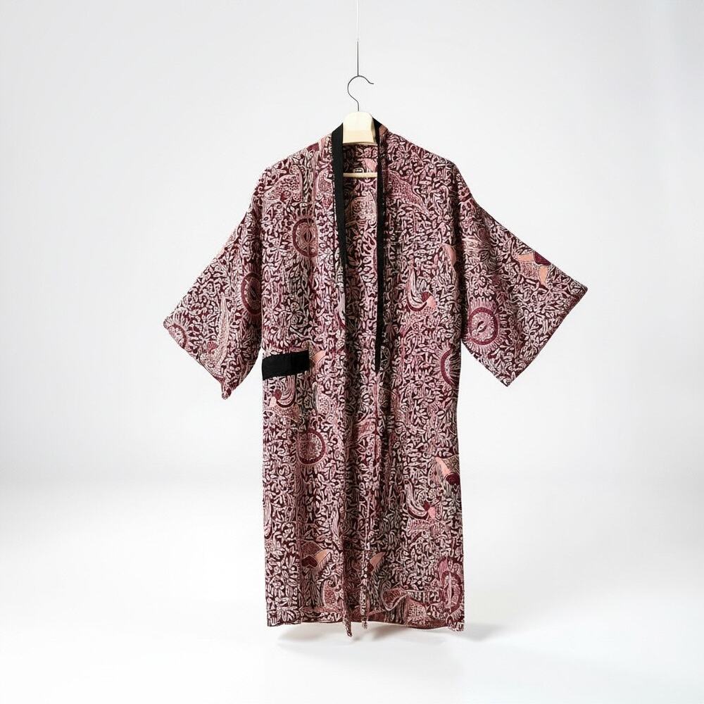 Bali Bagus Maroon Paisley Floral Print Short Kimono Robe Jacket Cover-Up